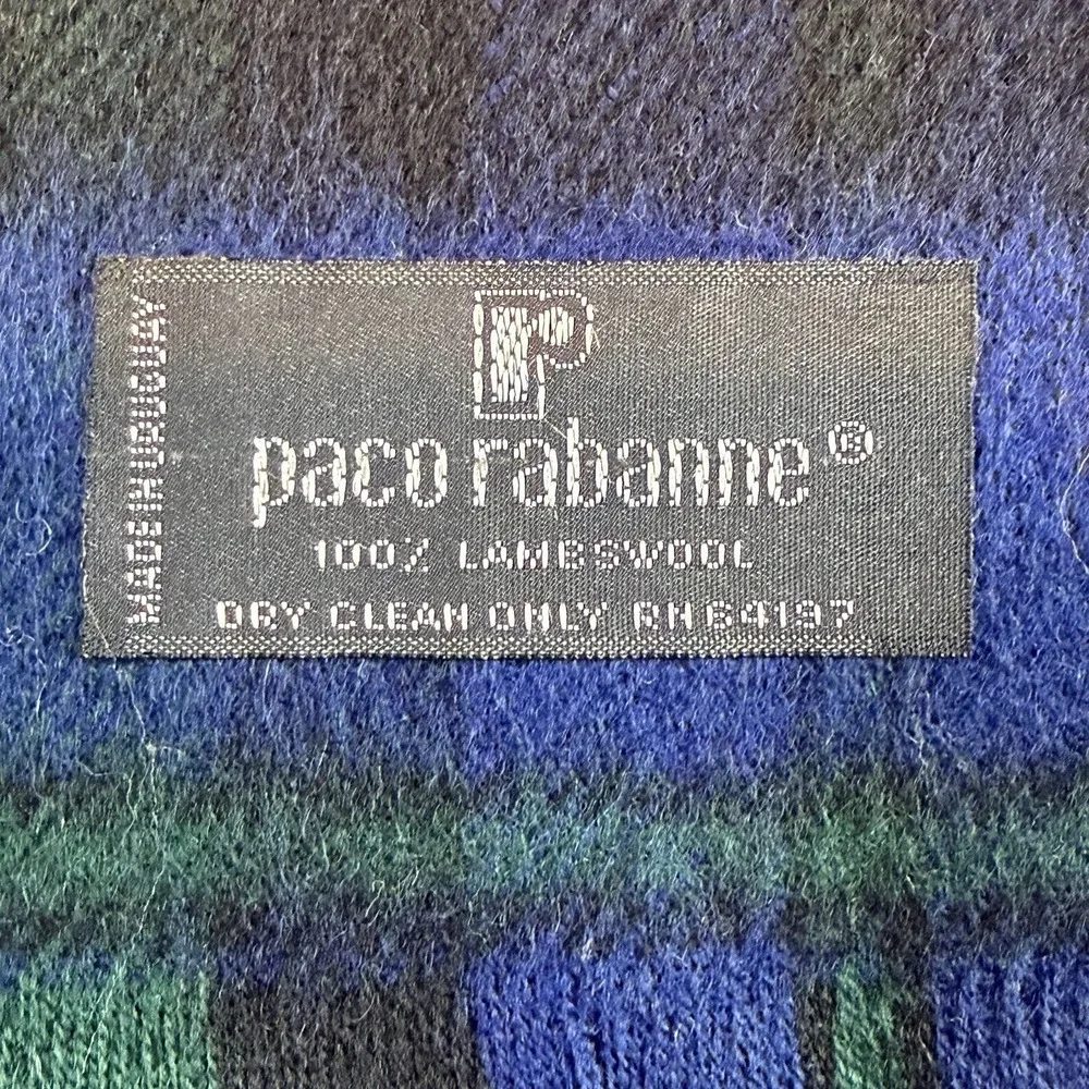 Paco Rabanne Men's Vintage Navy Blue/Green Plaid 100% Lambswool Scarf 12
